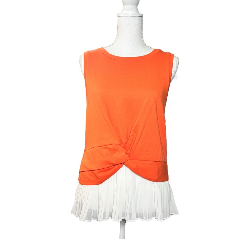 Anthropologie Lea and Viola Orange Twist Front Tank with White Pleats